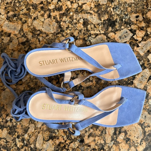 Stuart Weitzman Lalita 75 Womens Ankle Tie Heel Thong Sandal  Blue Suede - Picture 6 of 9